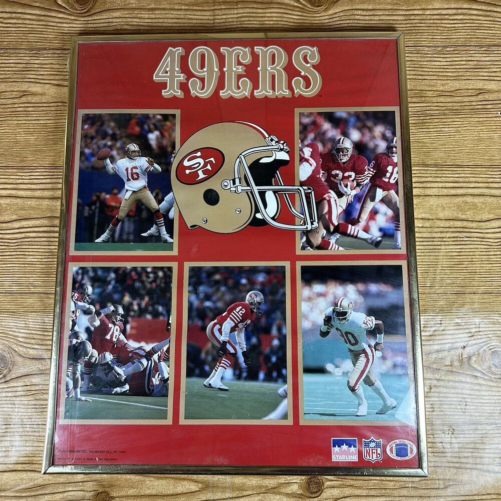 Vintage 1988 San Francisco 49ers Framed Poster Joe Montana Rice NFL Starline